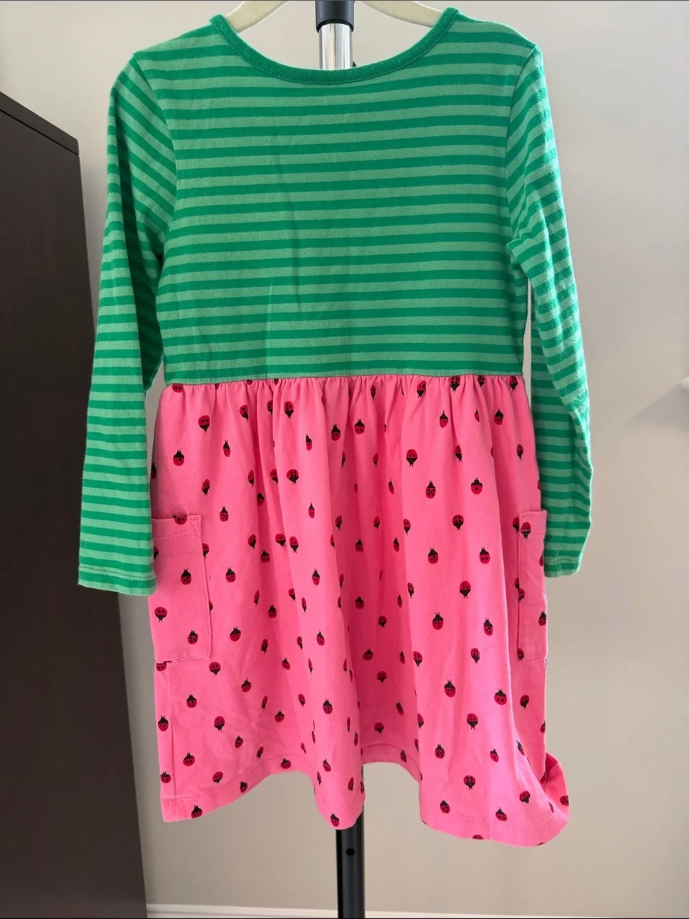 Green & Pink Long-Sleeve Kids Dress with Ladybug Print